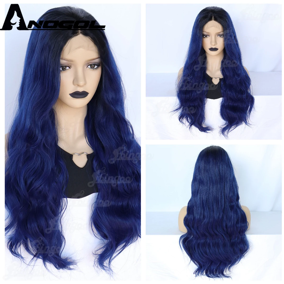 

Anogol Synthetic Lace Wig 13x1 T Middle Part Wig 30 inch Body Wave Long Black Ombre Blue Heat Resistant Fiber Wig for Women