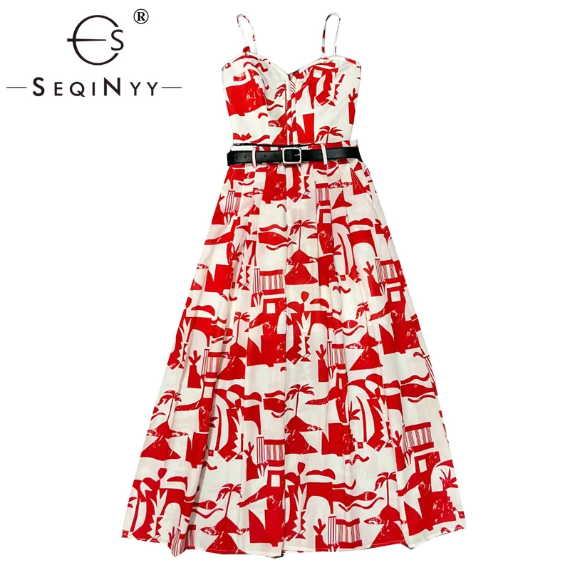 

SEQINYY Casual Set Summer Spring New Fashion Design Women Runway Crop Top + A-Line Long Skirt Elastic Red Vintage Print