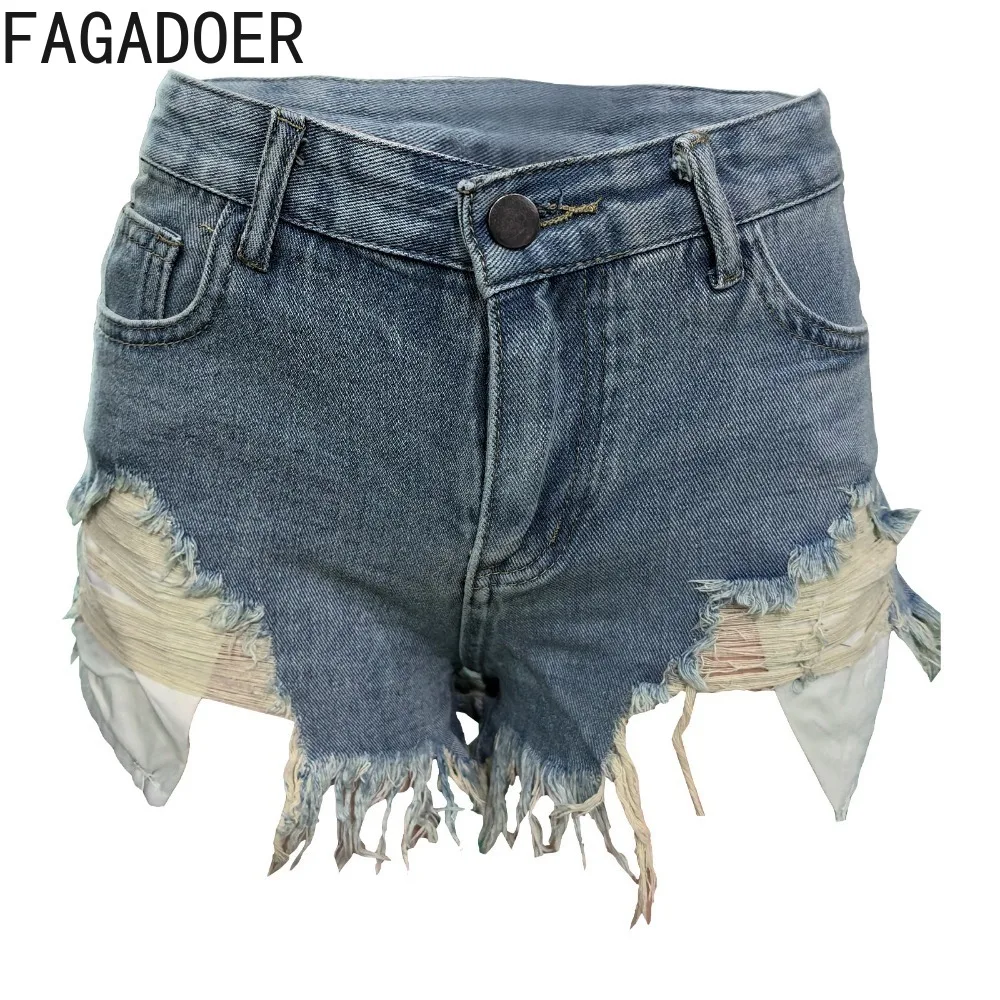 FAGADOER Dark Blue Summer New Denim Hole Tassels Shorts Women High Waisted Button Pocket Jean Fashion Matching Cowboy Bottoms