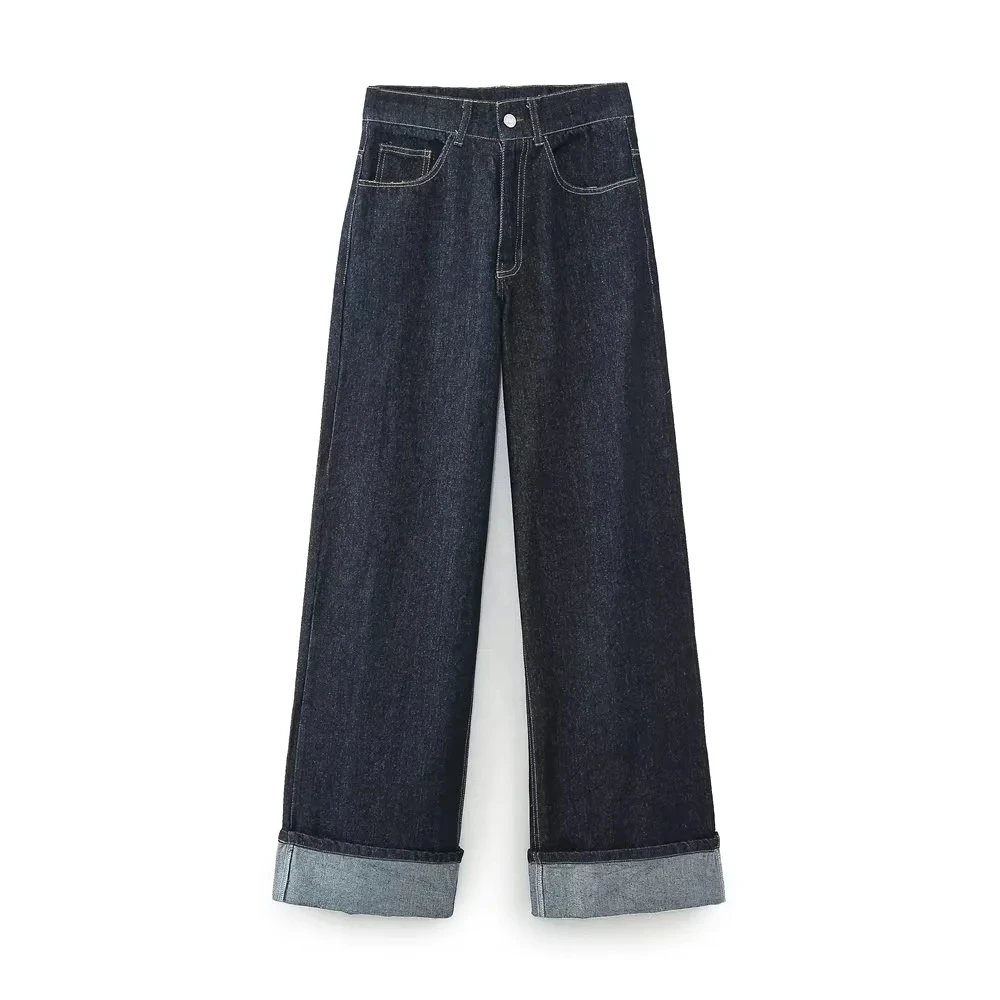 

TRAF Women's Pants 2023 Vintage Blue Zip Pocket Cuffed Denim Trousers Woman Clothing High Waist Jeans Autumn New Wide Leg Pants