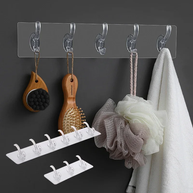 Gancho de pared sin clavos para baño, colgador de pared adhesivo de  plástico transparente, seis filas de ganchos para Cocina