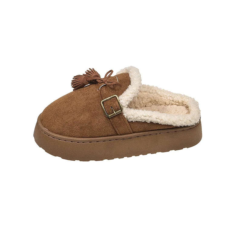 Simple Bow Thick-soled Plush Fluffy Slippers Women Wear Outside in The Winter 2025 with Fluffy Tassels and Cotton Slippers