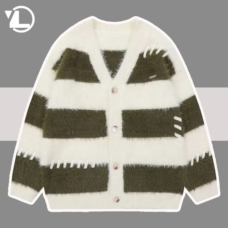 

Stripe Cardigan Sweater Men Women Retro Loose Knitted Jumpers Autumn Harajuku High Street Korean Style Kniting Jackets 2023