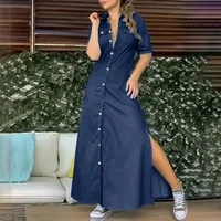 Summer Oversized Women's L-5XL Plus Size Lapel Button Denim Dress Solid Color Oversized Loose Slit Dress Fashion Casual Pocket - Image 2