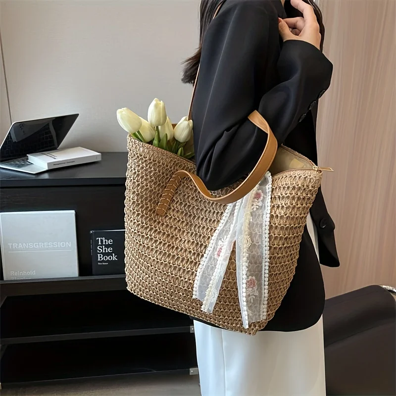 Summer Large Capacity Women's Handbag, Straw Woven Shoulder Bag Summer Versatile Beach Vacation Beach Bag