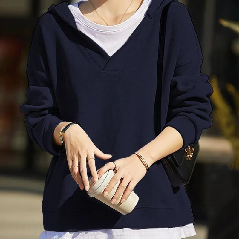Spring Autumn New Solid Color Fashion Long Sleeve Hooded Sweatshirts Women High Street Fake Two Pieces All-match Pullovers