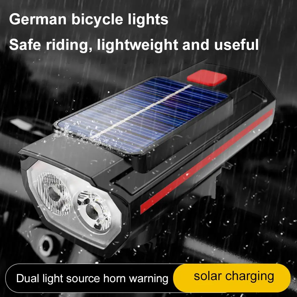 

Solar Bike Front Lamp with Horn Dual Lamp Beads Super Waterproof Bicycle Headlight Cycling Warning Safety Night Brighteness V6S1