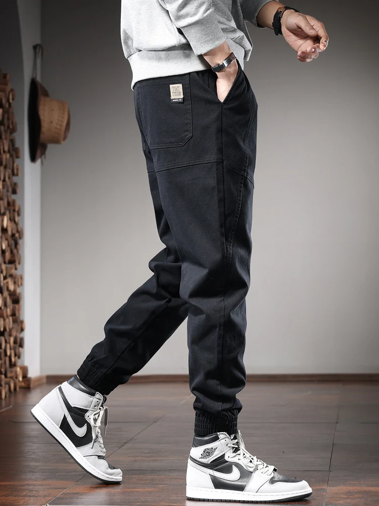 Fashion Black Casual Pants Men Autumn Elastic Waist Drawstring Joggers Trousers