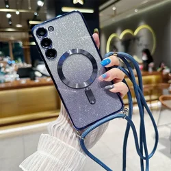 Stylish Crossbody Glitter Lanyard Case with Magsafe - Compatible Magnetic Plating and Soft TPU Design for Galaxy S26+ (Navy Blue)
