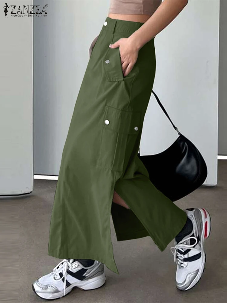 

Юбка ZANZEA Женская длинная Повседневная, модная свободная Однотонная юбка-макси с завышенной талией и карманами, осень 2023