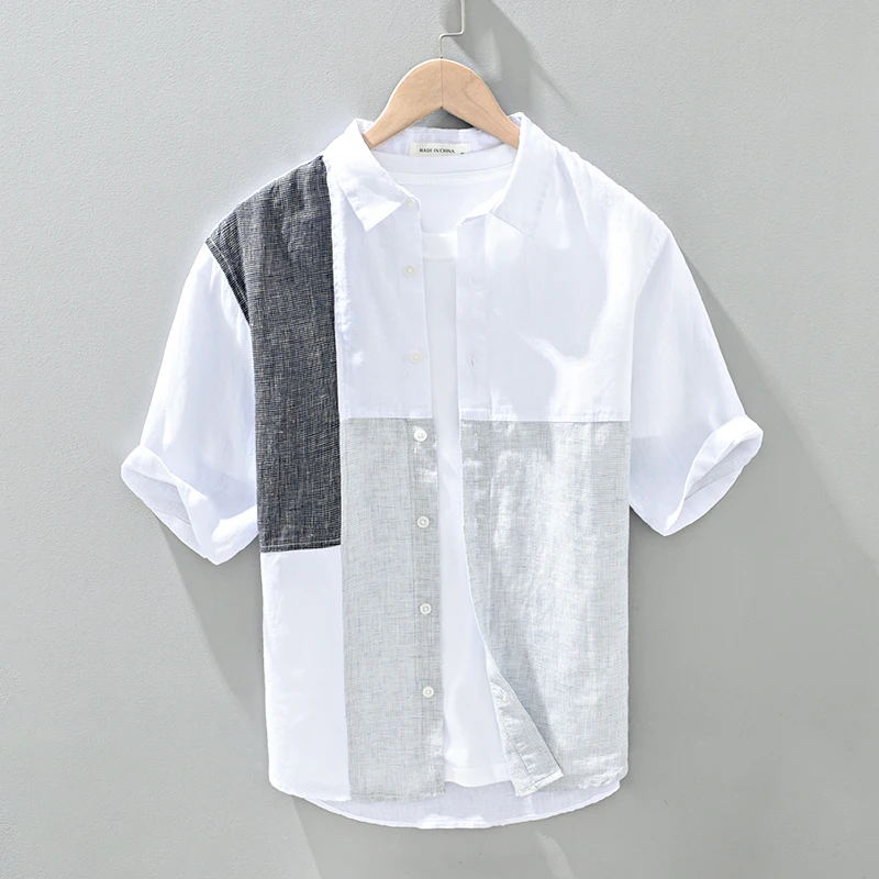 Pure Linen Shirts for Men Casual Plaid Patchwork Short Sleeve Shirt