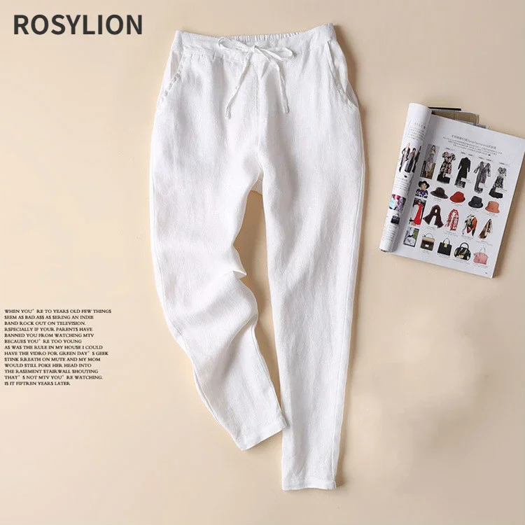 

Summer Female Cotton Linen Pencil Pants Korean Plus Size Pants Girls Loose Slim White Trousers Women Casual Lace Up Capri 3xl