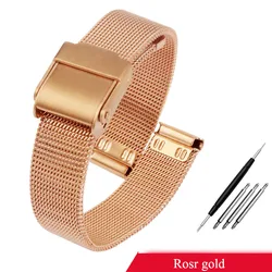 Elegant Milanese Mesh Watch Strap - Silver & Gold Stainless Steel, 13mm/14mm - 14mm (Rose Gold)