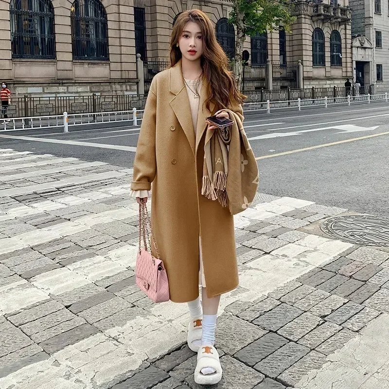 핑크 여성용 중간 길이 모직 코트, 루즈하고 다목적 헵번 스타일, 작은 모직 코트, 한국 버전, 2023 가을 겨울 신상