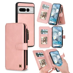 Luxury Detachable Wallet PU Leather Case with Zipper and Multi - Card Holder - Pixel 7 (Pink)