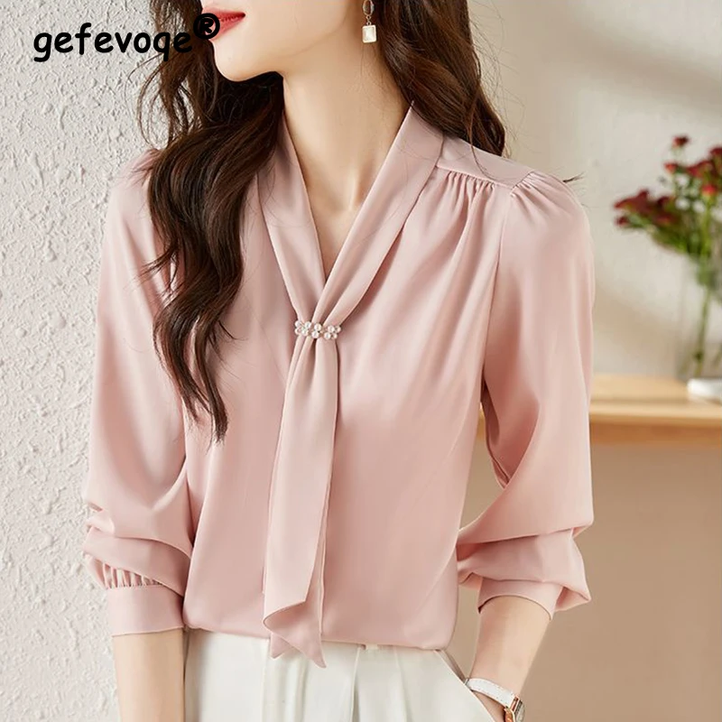 

2023 Spring Summer Scarf Collar Temperament Long Sleeve Solid Shirt Women Elegant Fashion Beading Pullover Blouse Female Clothes