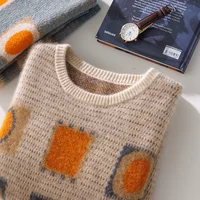 Autumn Winter New Men's Large Size Pure Wool Loose Thick O-Neck Pullovers Contrast Color Casual Knitted Cashmere Sweater 1