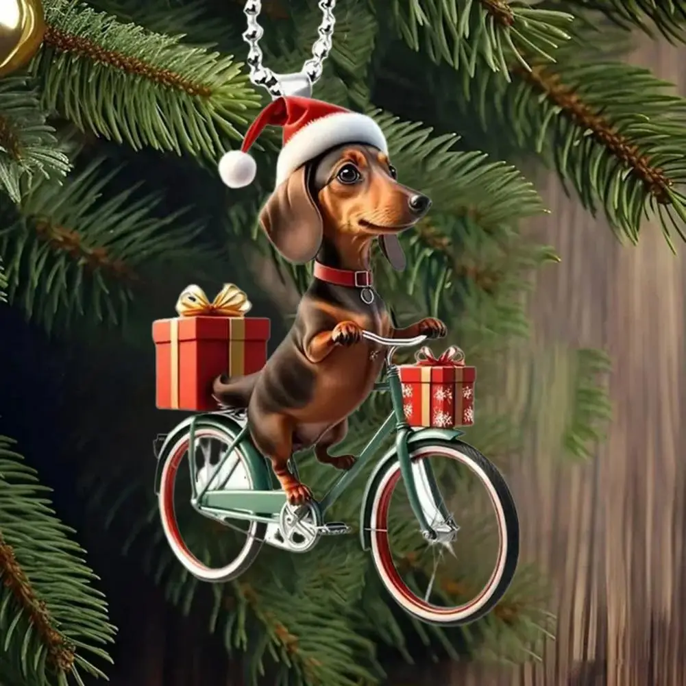 Fun Pendant Puppy Riding Bicycle Christmas Tree Ornaments Double-printed Acrylic Hanging Decorations for Home Family Friends Dog