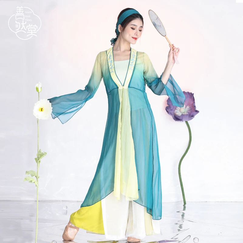 

Cardigan Ladies Long Sleeve Dress Flowy Wide Leg Skirt Pant Culottes Chinese Classical Dance Costume Set With Hair Band Qing She