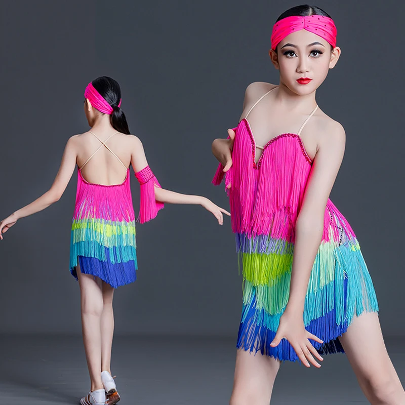 

Colorful Latin Fringed Dress For Girls Latin Dance Competition Dress Kids Tango Chacha Salsa Dancing Dress Practice Wear SL7404