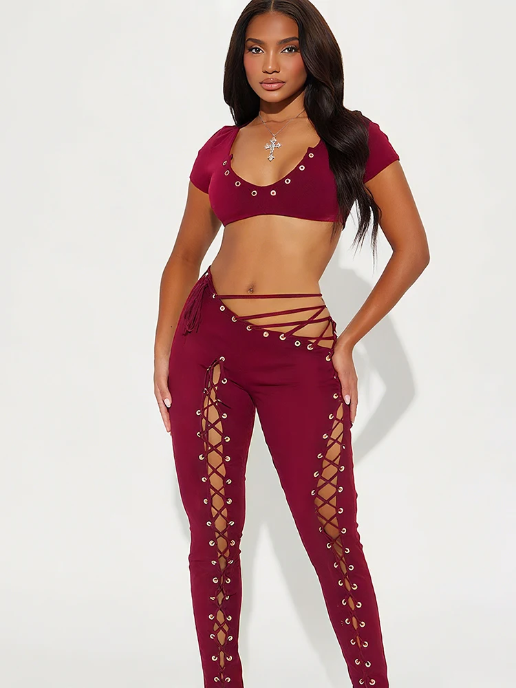 Nibber Sexy 2piece Set Women Hipster Halter Camisole+Shirring Hollow Pants Midnight Matching Stretch Clubwear Coquette Outfits