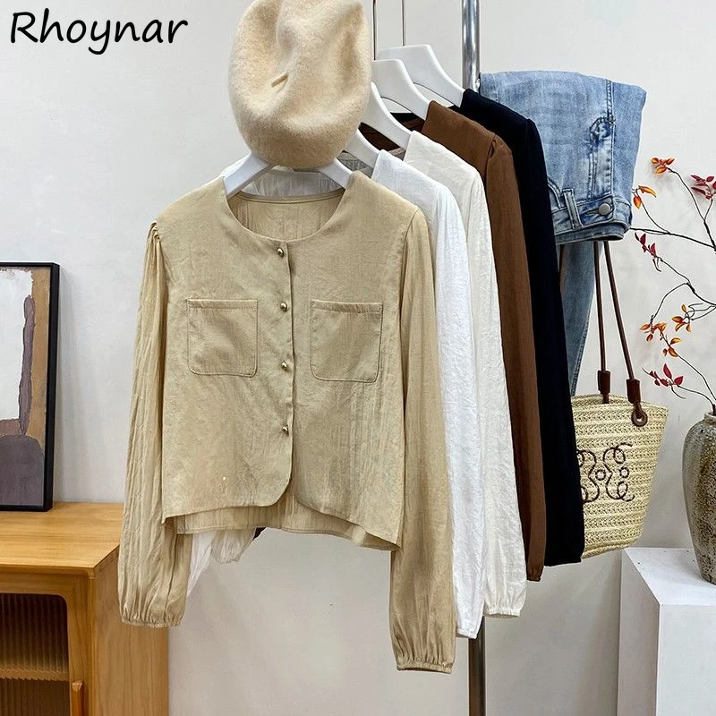 

Pockets Solid Shirts Women Simple Leisure All-match Female Elegant Tender Fashion Breathable Korean Style Temperament Vintage