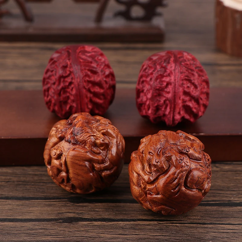 2PCS Huanghuali Zodiac Health Care Ball Handball Massage Ball Carving And Play Fitness Solid Wood Handle
