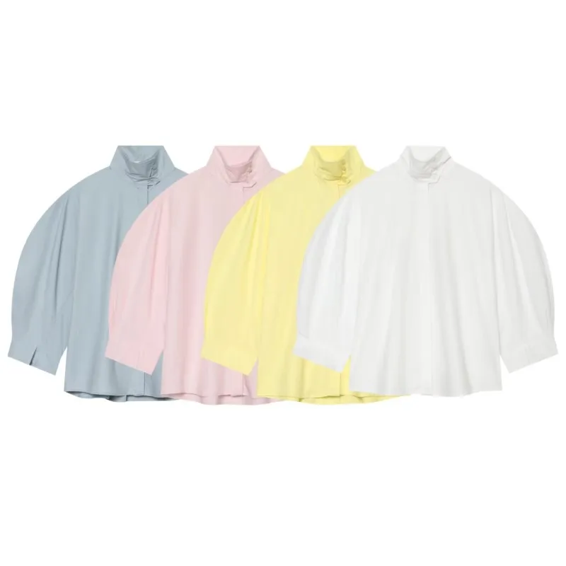 Camisa de Manga Abullonada para Mujer HipSeam, Nueva Colección Verano 2026, Cuello Alto, Color Sólido, Blusas y Camisas Elegantes para Dama