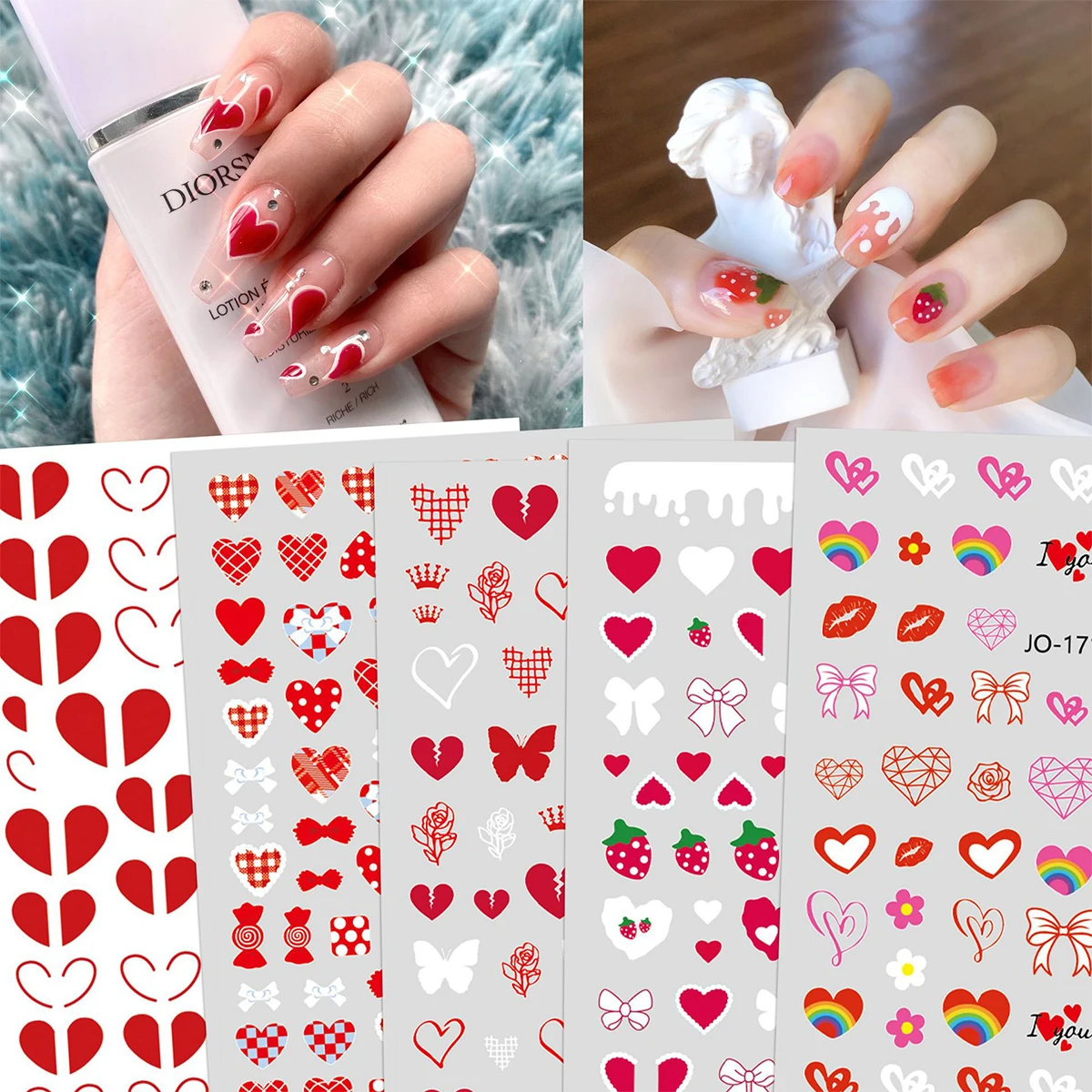 

10PCS Sweet Girl Style Nail Decal Lace Heart Strawberry Nail Decal Decal White Bow Heartbreak 3D Self-adhesive Nail Slider