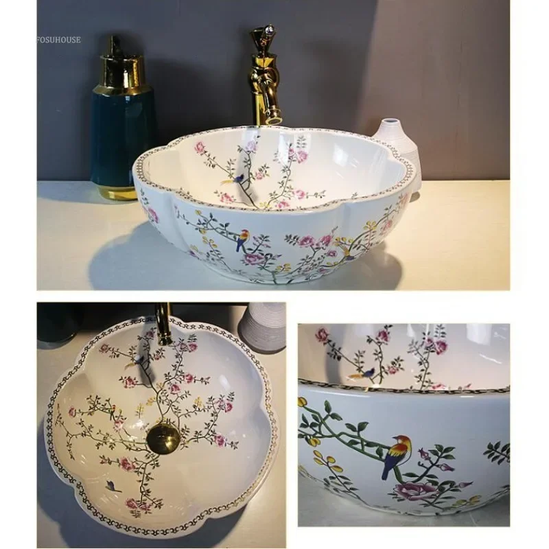 Bathroom Sink Home Bathroom Fixture Garden Petal-shaped Washbasin Above-ground Flower&butterfly Pattern Basin Art Sinks