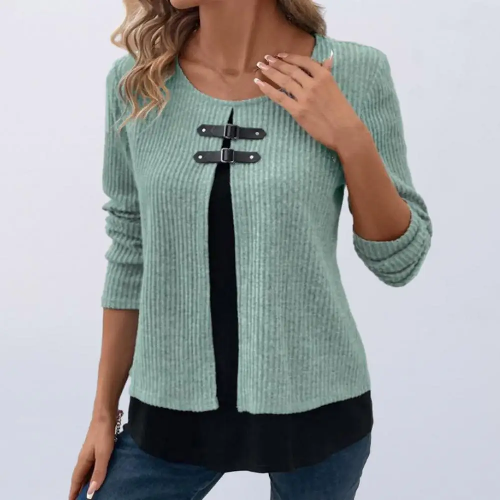 

Fall Spring Women Top Fake Two-piece Long Sleeve Round Neck Buckle Decor Knitted Soft Color Matching Mid Length Lady Blouse