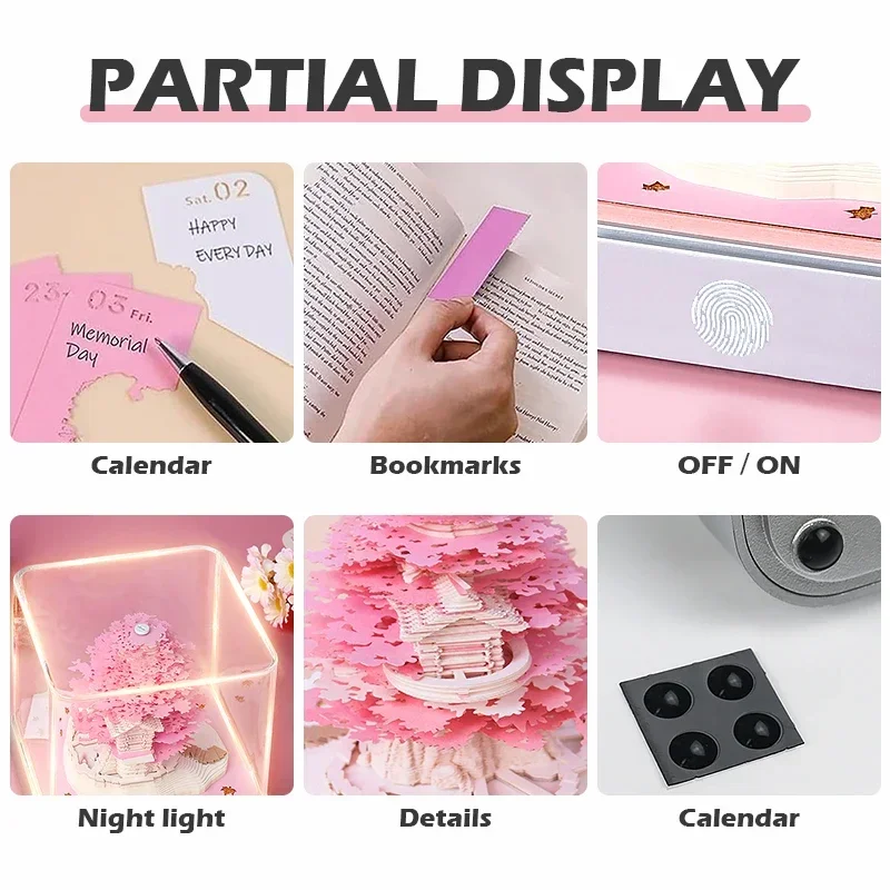 Time Piece Calendar 2024,Desk Calendar With Lights DIY 3D Calendar 2024 DIY  Calendar 3D Memo Pad Paper Art Sakura Tree House With Calendar (Pink)