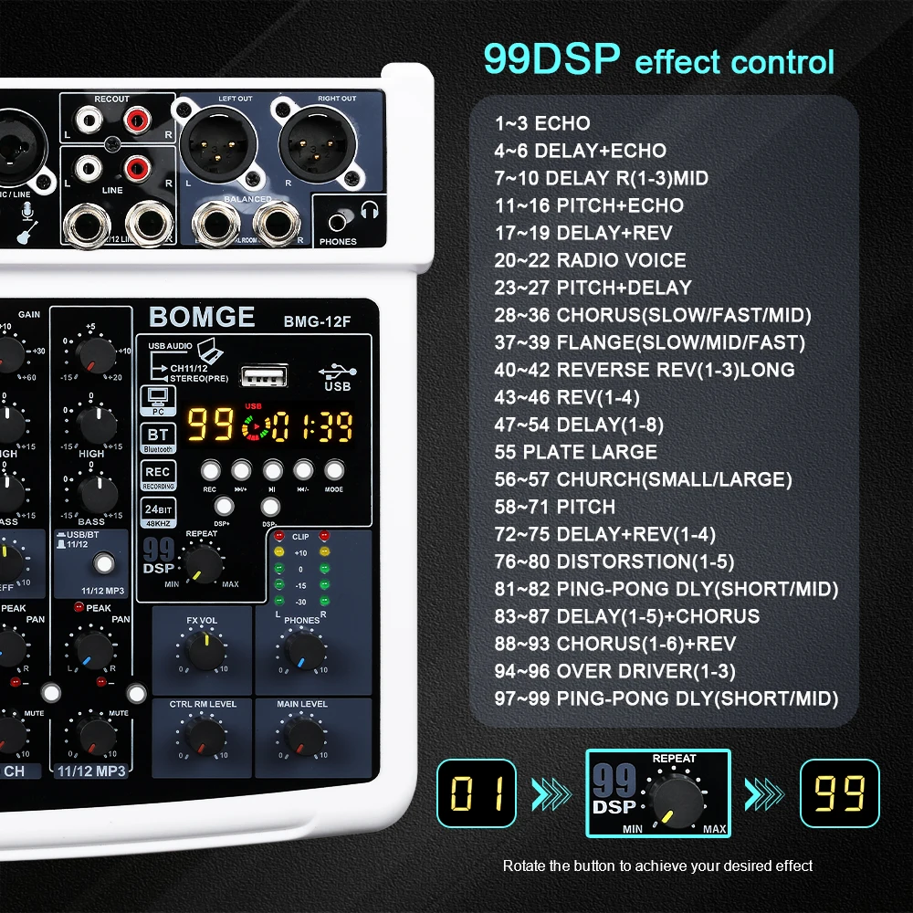 Professional Portable 99DSP 12 Channel Recording Audio Mixer interface USB 48V BT Sound Console Card for PC MP3 DJ karaoke Audio Mixer Audio Interface
