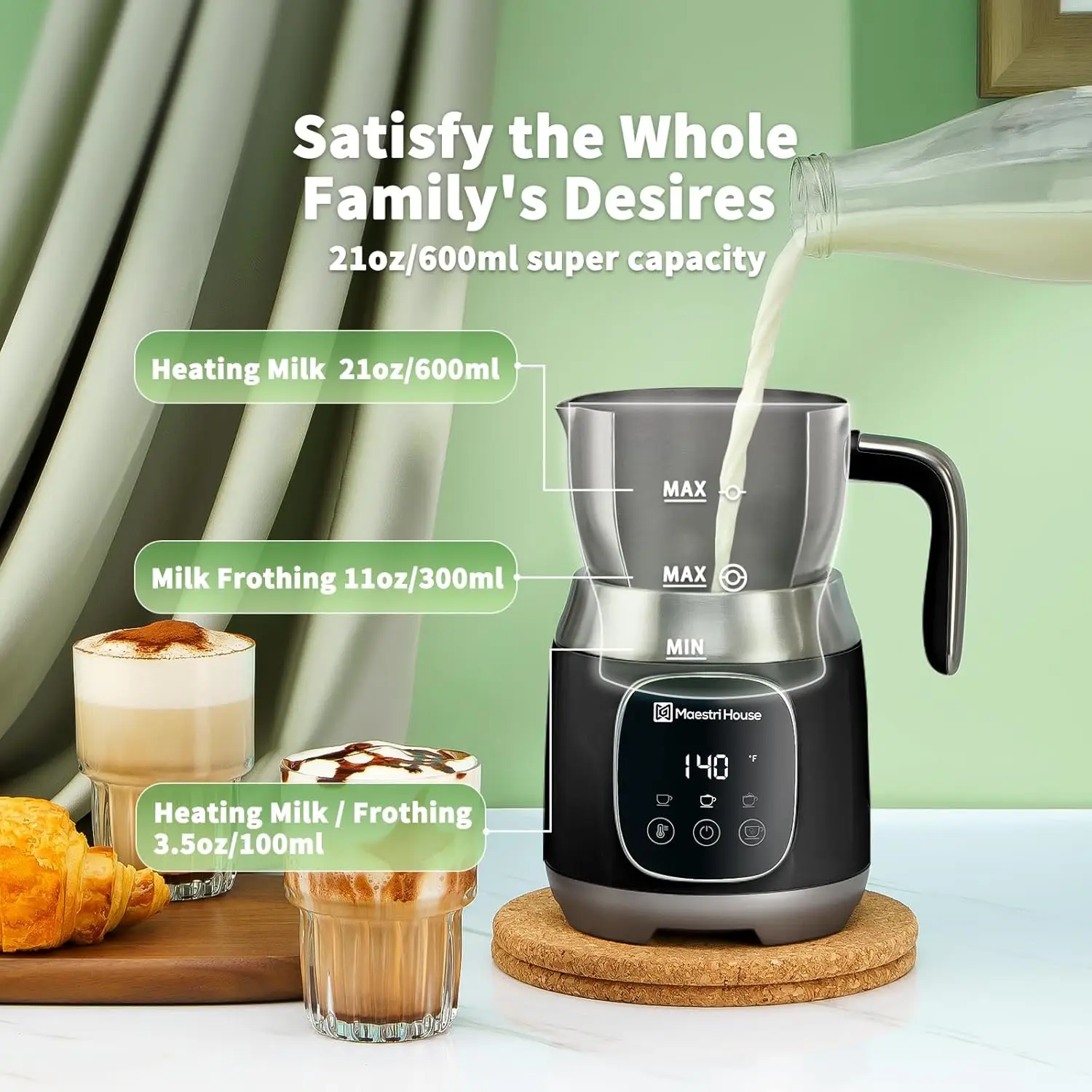 House Milk Frother, 21OZ Variable Temp and Froth Thickness Milk Frother and Steamer, Smart Touch Control Milk Warmer, Di 6