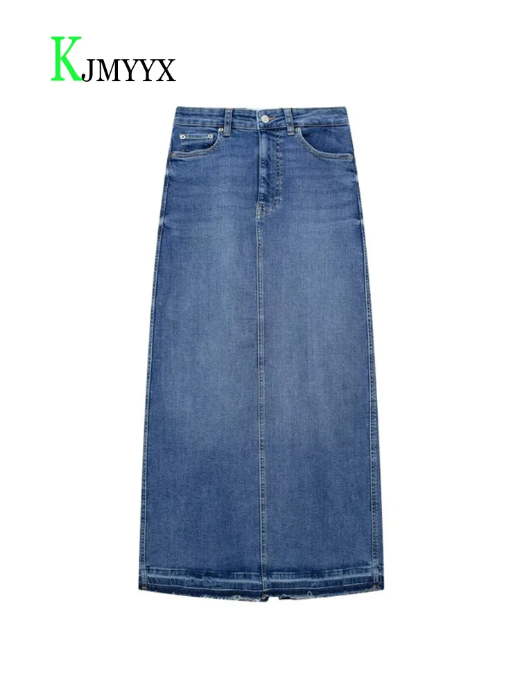

KJMYYX 2023 Summer Women's Front Slit Blue Denim Skirt Pockets High Waist Slim Zipper Split Hem Skirts Female Casual Streetwear