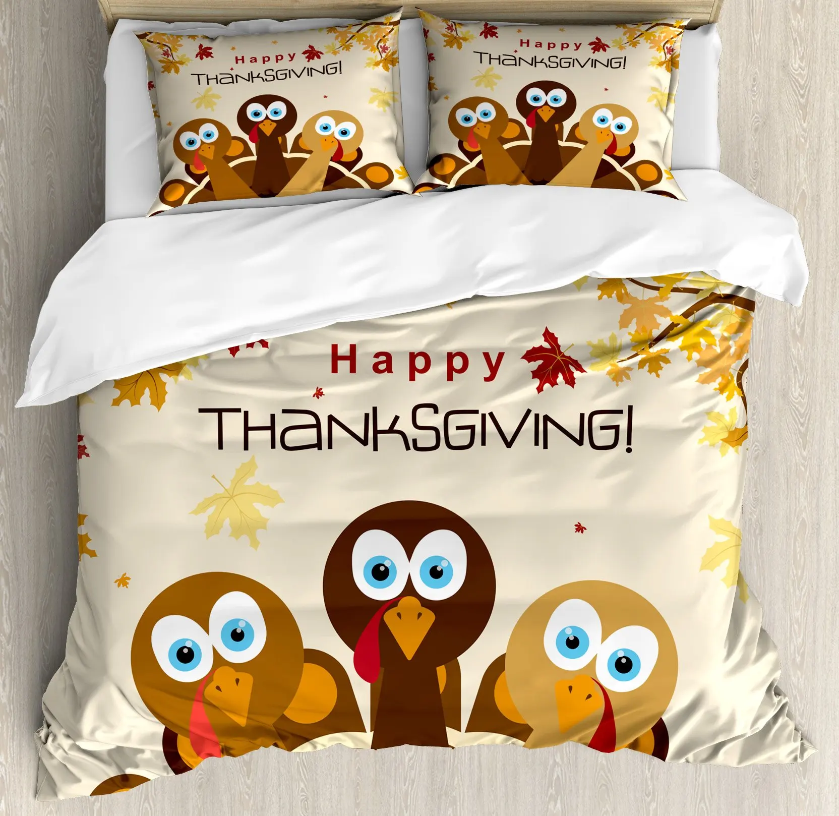 Turkey Duvet Cover Set,Happy Thanksgiving Falling Leaves and Poultry Birds Harvest Time Celebration Decorative Bedding Set 3pcs