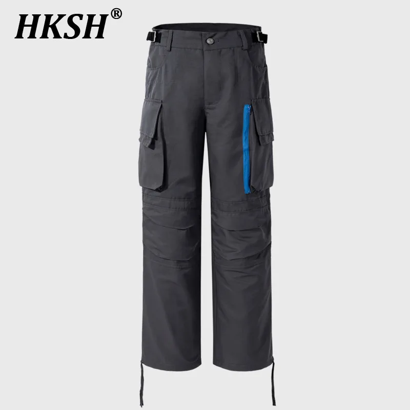 HKSH Men's Tide Punk Safari Style Cargo Pants Women Casual High Street Pleated Zipper Straight Loose Chic Pocket Overalls HK1406