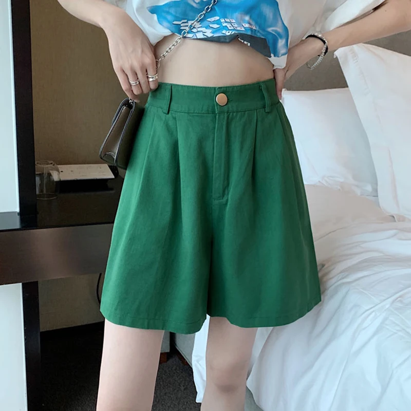 2022 Korean Style Fashion Summer Shorts For Women Y2K Streetwear Loose Wide Leg Short Pants Femme Solid High Waist Cotton Shorts