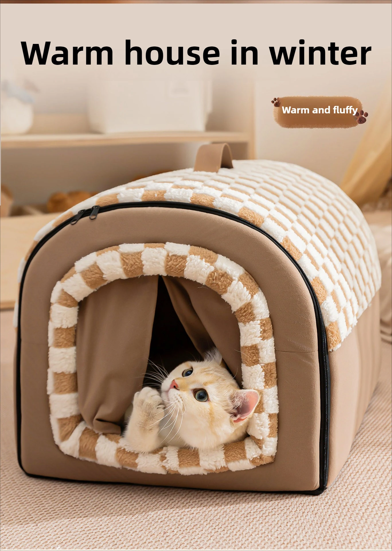 A close-up of a cat snuggling inside the warm and fluffy lomi brown checkerboard house bed, emphasizing the cozy interior texture and winter-ready insulation.