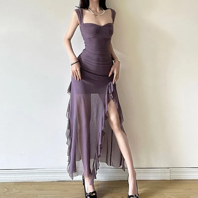 

Tonngirls Sexy Summer Dress Women Sleeveless See Through Skinny Irregual Y2k Vintage Dresses Fairycore Tierred Party Dresses