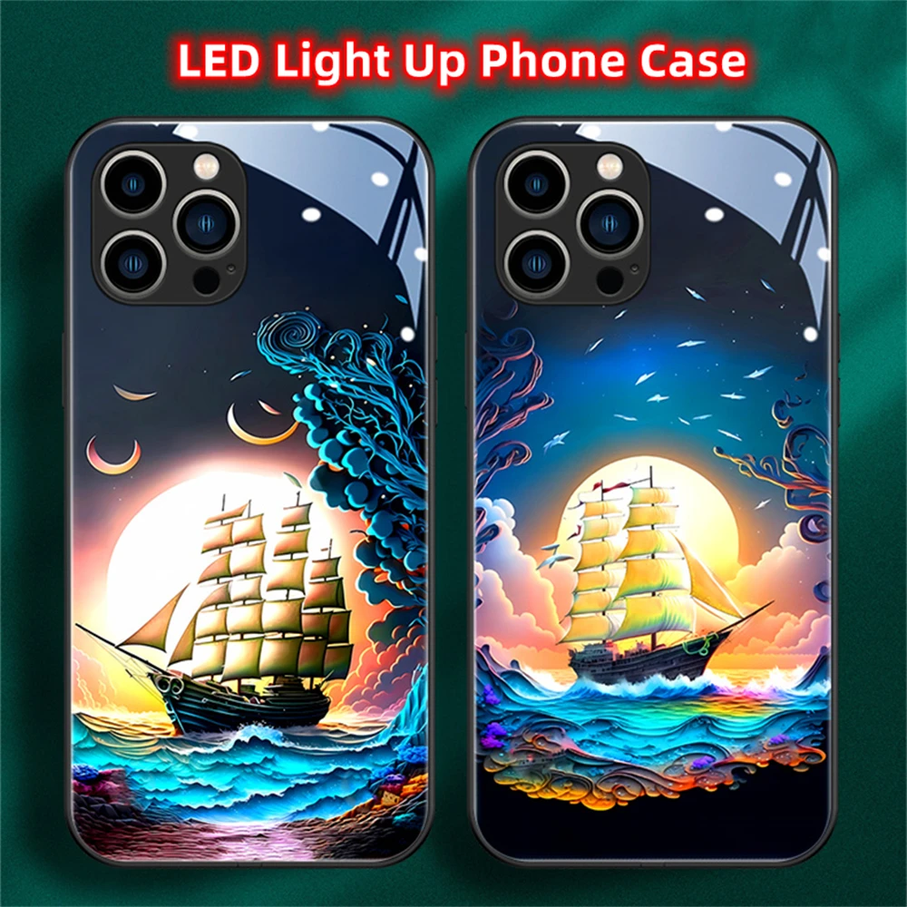 

Sailing Boat Luminous Tempered Glass Phone Case For Samsung A73 A72 A54 A53 A52 A14 Note 20 10 Ultra Plus LED Backlight Cover