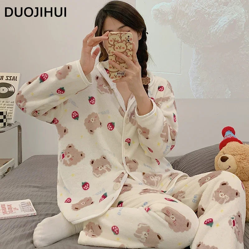 DUOJIHUI Women's Printed Flannel Set New Autumn Winter Korean Fashion Women's Cardigan Long Sleeved Pajamas Home Clothing Set