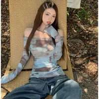 Blue American Style Spicy Girl Long Sleeve T-Shirt Women Summer Tie Dye Shoulder Bared Slim Fit Top Polyester Fiber