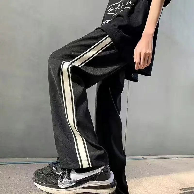 American street men and women trendy retro striped patchwork straight casual pants for spring and autumn loose wide leg pants