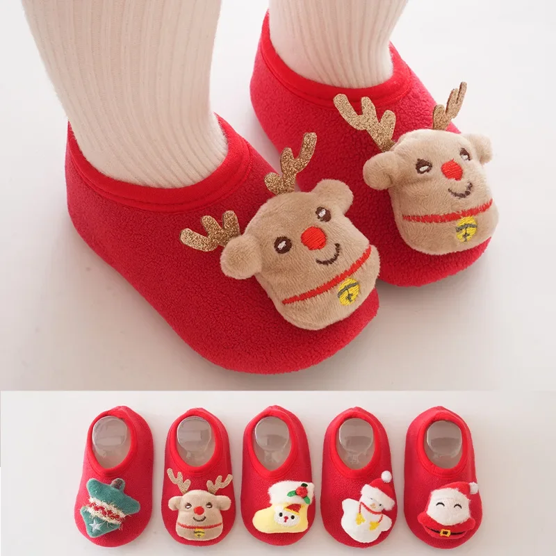

Christmas Baby Boys Girls Shoes Winter Indoor Outdoor Slippers Infant Crib Floor Shoes with Rubber Sole Anti-slip First Walkers