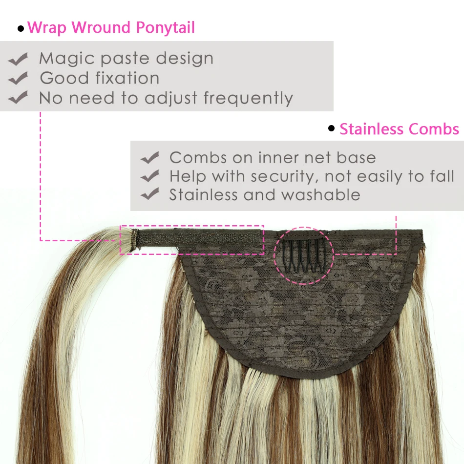 6/613# Ponytail Human Hair Extensions Wrap Around Ponytail Chestnut Brown Highlight Golden Blonde Clip in Ponytail Extensions