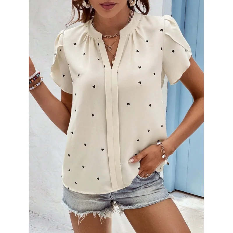 

Summer New Elegant Simplicity Loose Casual Versatile Commuter Pullovers V-Neck Spliced Love Petal Sleeve Women's Shirt Tops