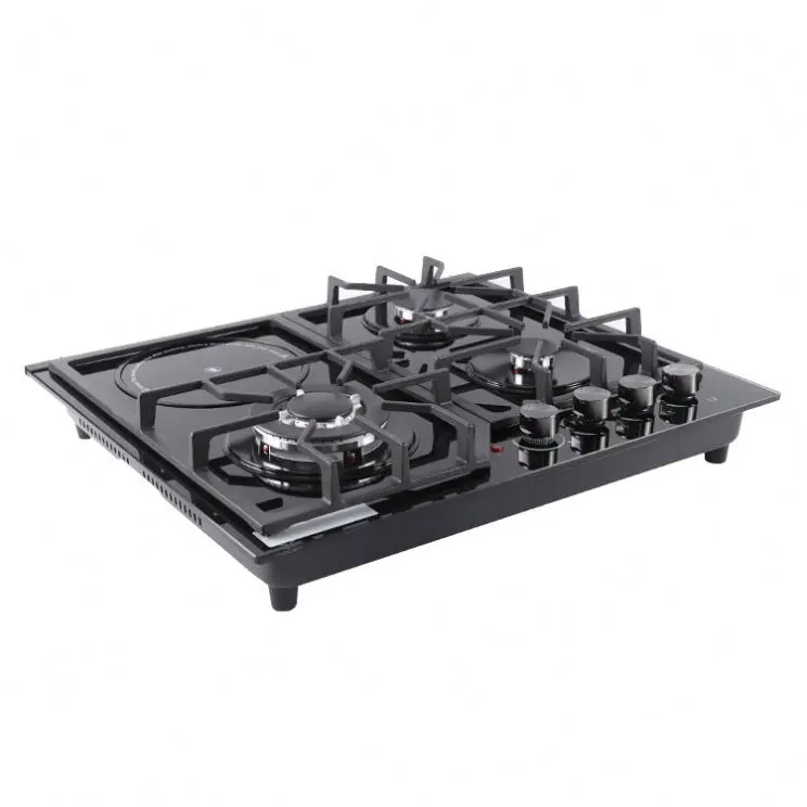 Kitchen 4 Burner Stove Hob Tempered Glass Panel 60Cm Black Built in Gas Hob Grill Gas Stove with Cast Iron Enamel
