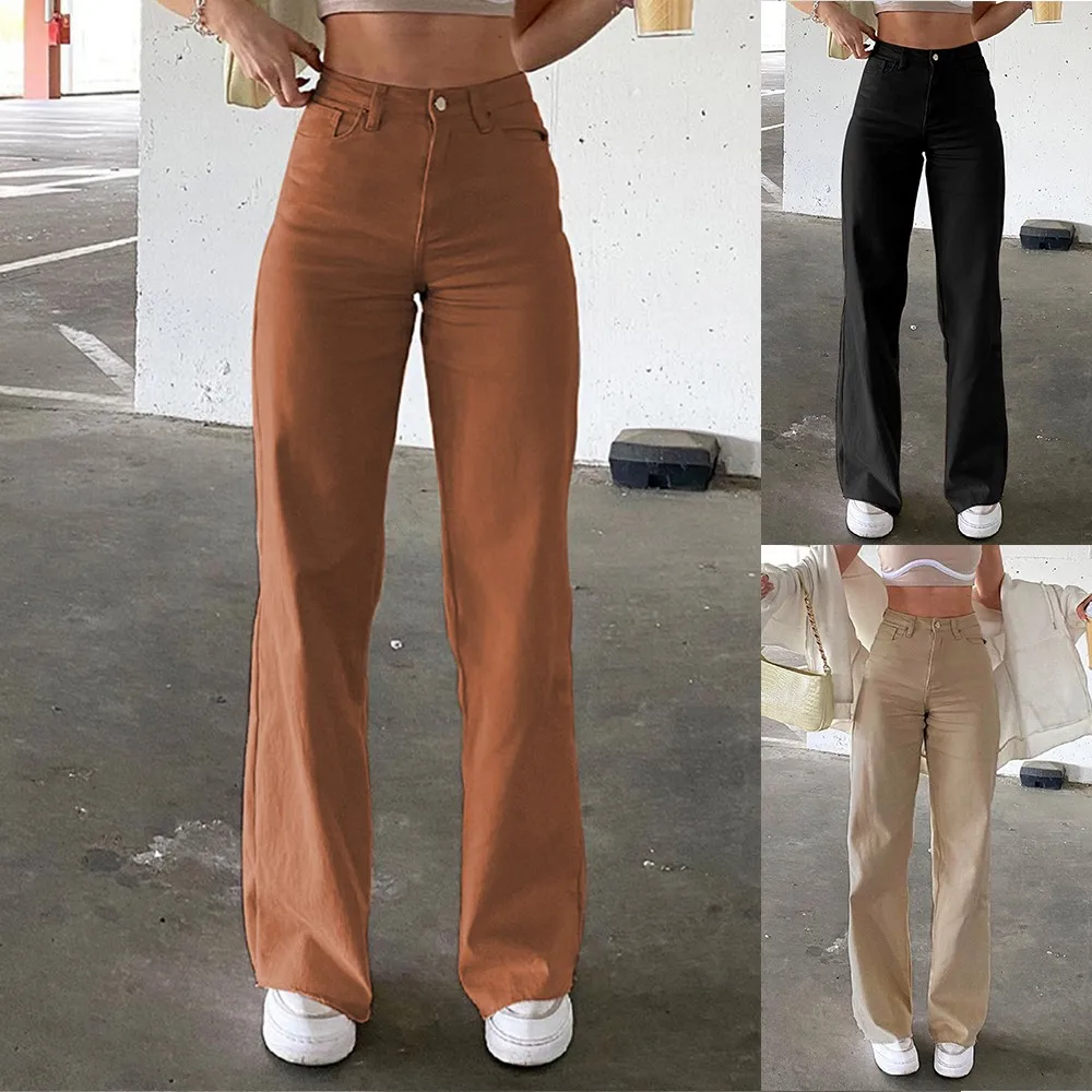

Women Wide Leg Jeans Pants Casual Loose High Waist Stretch Denim Pants Femme Trousers Fashion Solid Straight Pantalon New 2021
