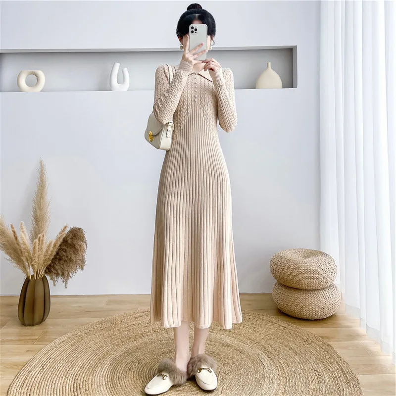 Ribbed Autumn Knit Long Dress For Women Fashion High Waist Elegant Solid Long Sleeve Dress Lapel Loose Knitwear Maxi Dress